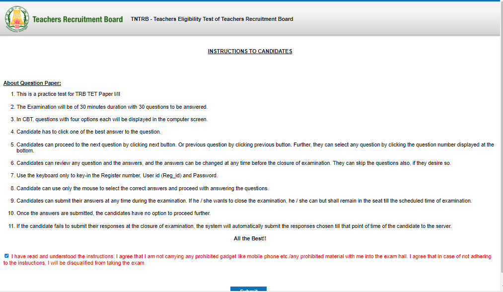 TRB TET Online Test Paper 1